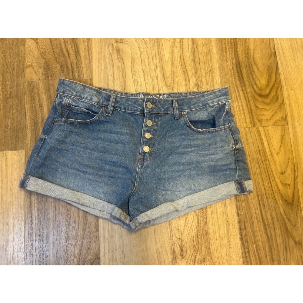 Vanilla Star Low Rise Shortie Denim Shorts Button Fly Cuffed Medium Wash Size 13